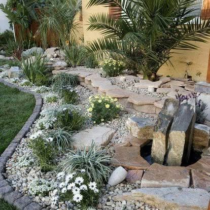 Mediterranean rock garden with water feature